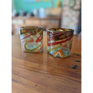 2 Hand Blown Whiskey / Water Glasses  Aqua Tinted Glass Brown Red Org Swirl 16oz